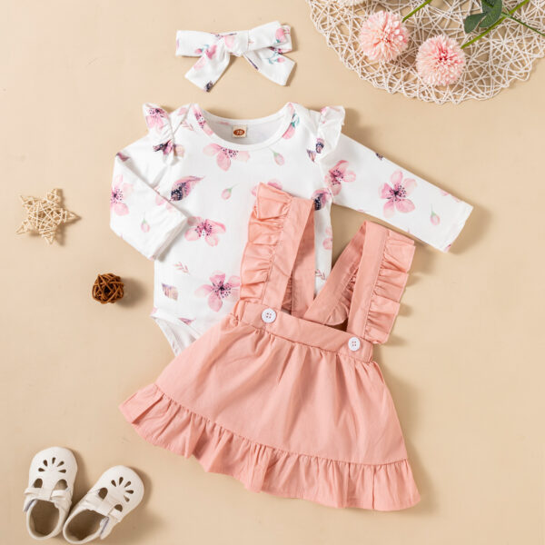 Printed Long-sleeved Baby Girl Romper Two-color Strap Ruffled Dress Headdress Three Pieces - Image 7