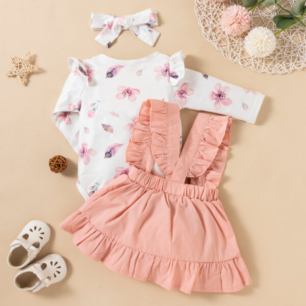 Printed Long-sleeved Baby Girl Romper Two-color Strap Ruffled Dress Headdress Three Pieces - Image 8