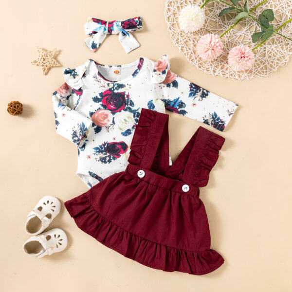 Printed Long-sleeved Baby Girl Romper Two-color Strap Ruffled Dress Headdress Three Pieces - Image 9