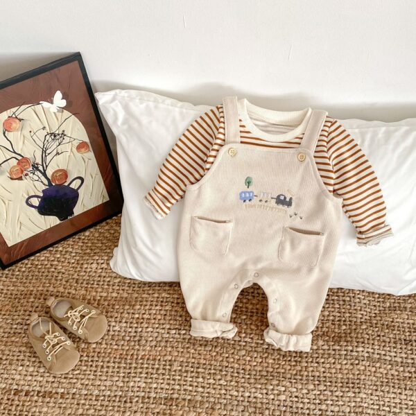 Spring Men's And Women's Baby Bib Pants Car Embroidered Long Climbing Striped Top