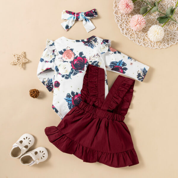 Printed Long-sleeved Baby Girl Romper Two-color Strap Ruffled Dress Headdress Three Pieces - Image 6